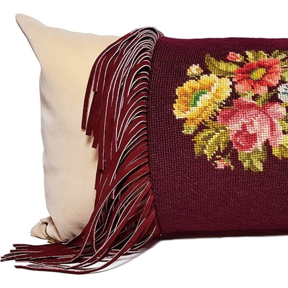 Hand Crafted Other - Vintage Floral Needlepoint & Leather Tassel Large Lumbar Pillow